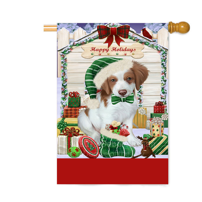 Personalized Happy Holidays Christmas Brittany Spaniel Dog House with Presents Custom House Flag FLG-DOTD-A59344