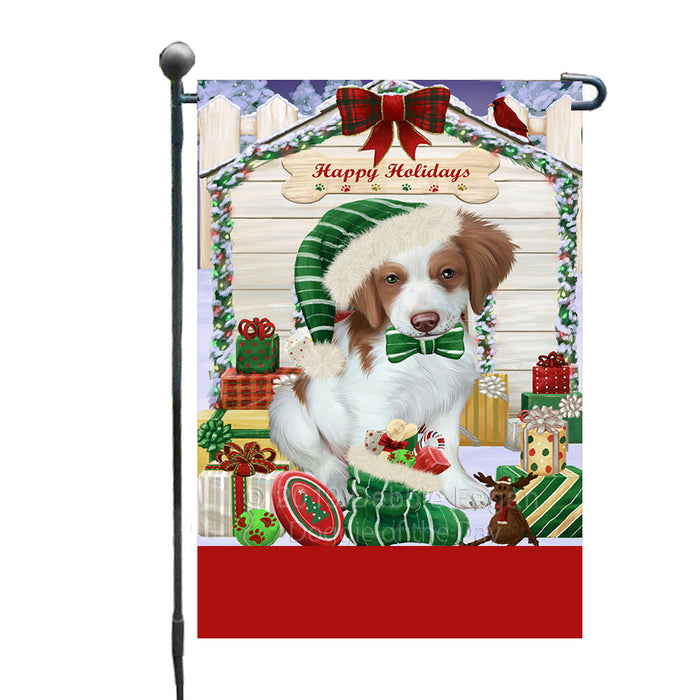 Personalized Happy Holidays Christmas Brittany Spaniel Dog House with Presents Custom Garden Flags GFLG-DOTD-A59288