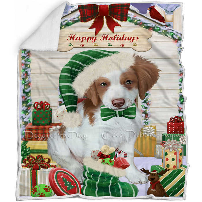 Happy Holidays Christmas Brittany Spaniel Dog House with Presents Blanket BLNKT78330