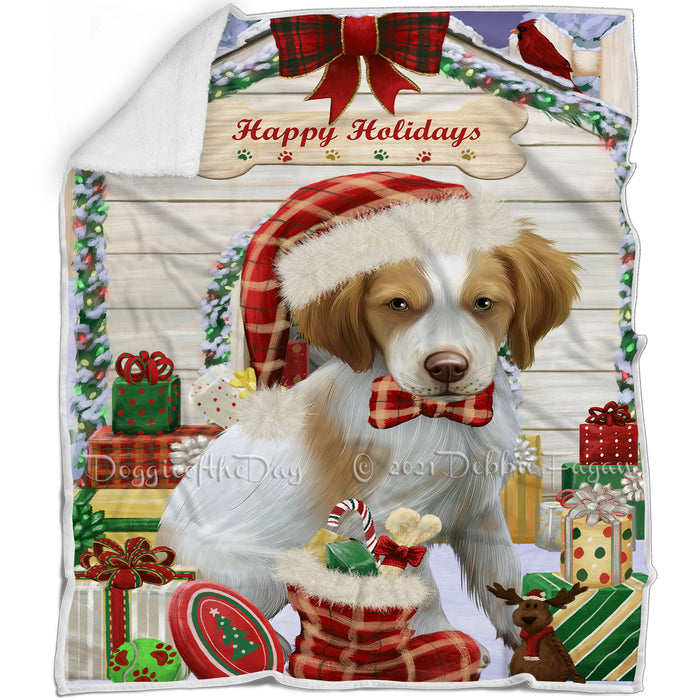 Happy Holidays Christmas Brittany Spaniel Dog House with Presents Blanket BLNKT78339