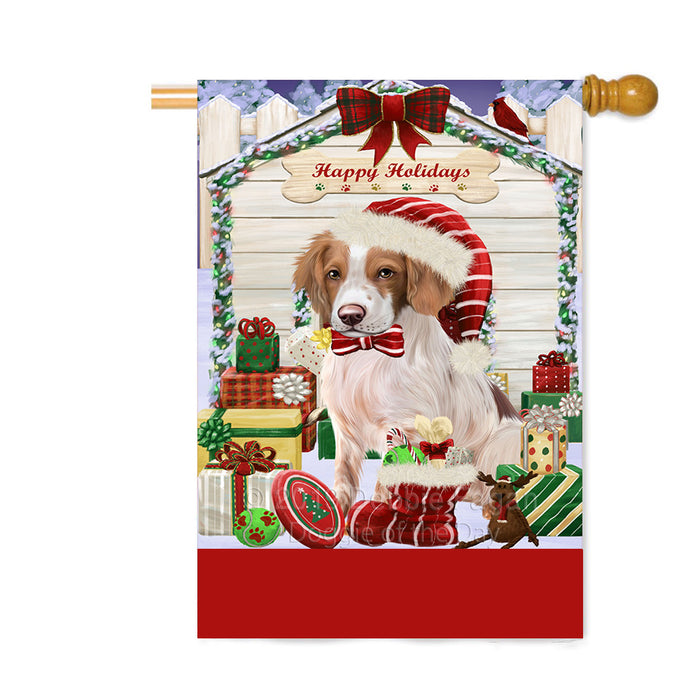 Personalized Happy Holidays Christmas Brittany Spaniel Dog House with Presents Custom House Flag FLG-DOTD-A59345