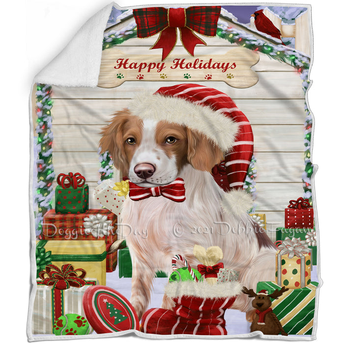 Happy Holidays Christmas Brittany Spaniel Dog House with Presents Blanket BLNKT78348