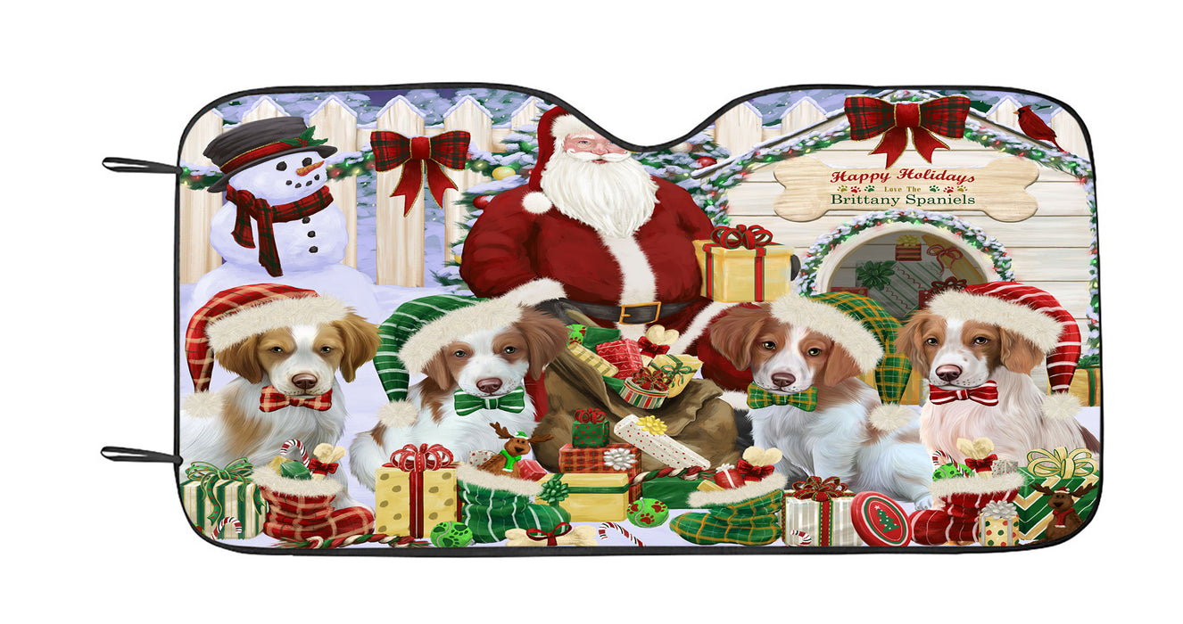 Happy Holidays Christmas Brittany Spaniel Dogs House Gathering Car Sun Shade