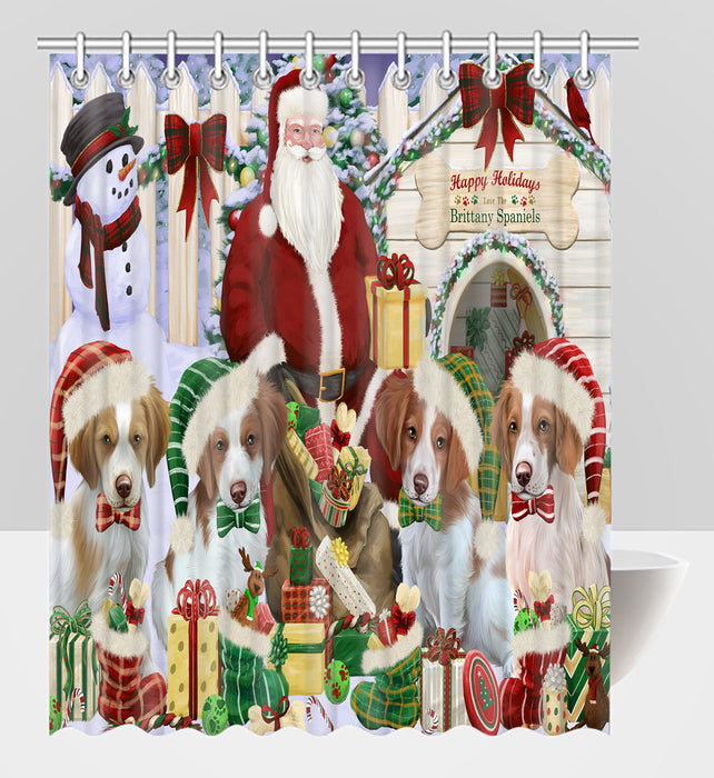 Happy Holidays Christmas Brittany Spaniel Dogs House Gathering Shower Curtain
