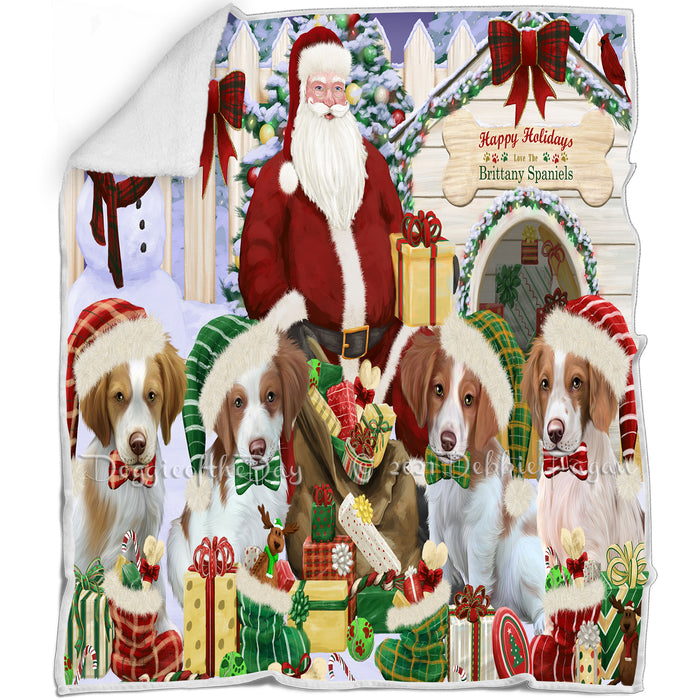 Happy Holidays Christmas Brittany Spaniels Dog House Gathering Blanket BLNKT77655