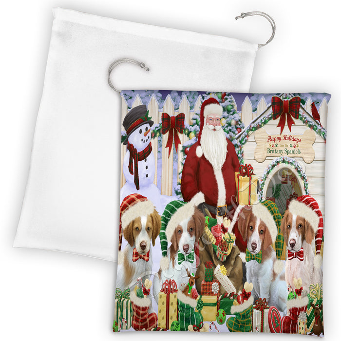 Happy Holidays Christmas Brittany Spaniel Dogs House Gathering Drawstring Laundry or Gift Bag LGB48028