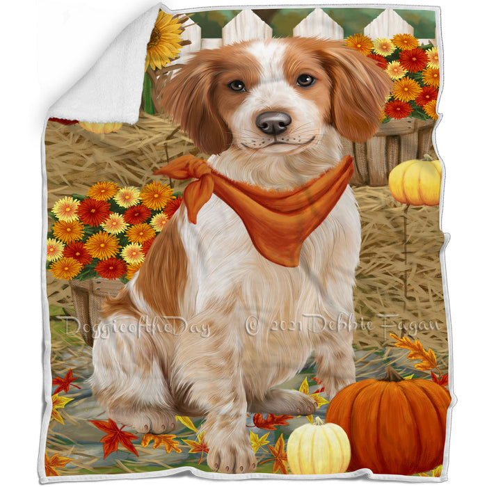 Fall Autumn Greeting Brittany Spaniel Dog with Pumpkins Blanket BLNKT72399