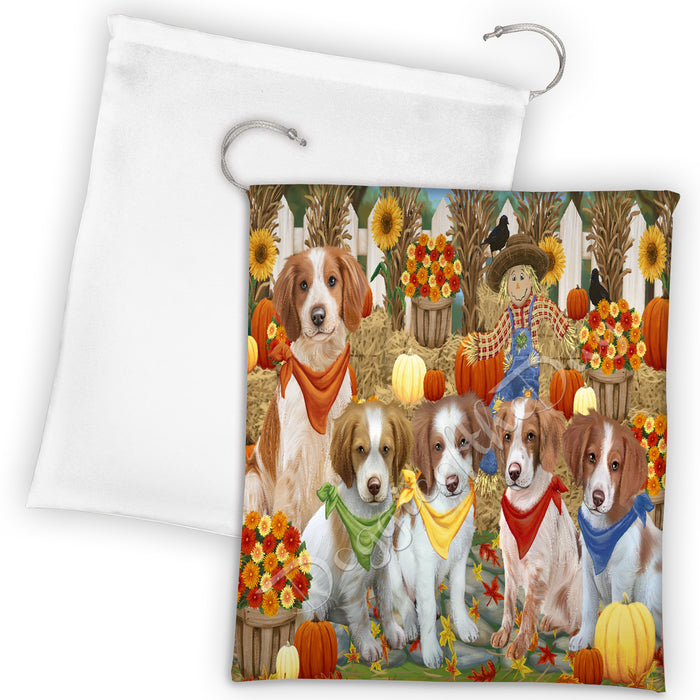Fall Festive Harvest Time Gathering Brittany Spaniel Dogs Drawstring Laundry or Gift Bag LGB48386