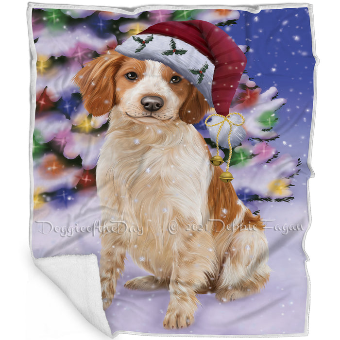 Winterland Wonderland Brittany Spaniel Dog In Christmas Holiday Scenic Background Blanket