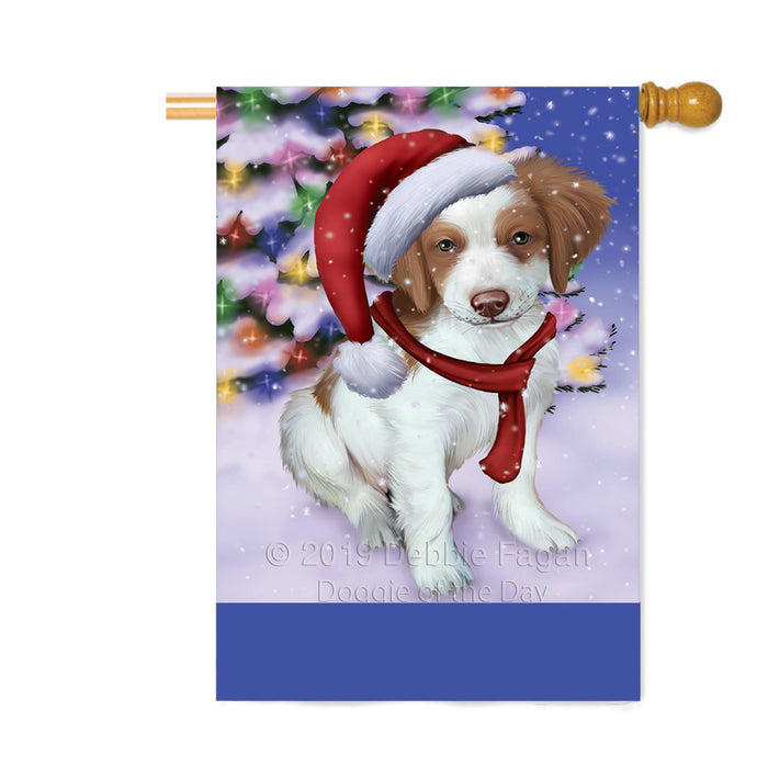 Personalized Winterland Wonderland Brittany Spaniel Dog In Christmas Holiday Scenic Background Custom House Flag FLG-DOTD-A61321