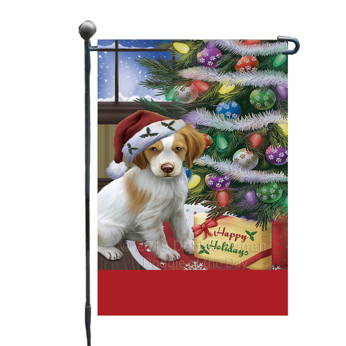 Personalized Christmas Happy Holidays Brittany Spaniel Dog with Tree and Presents Custom Garden Flags GFLG-DOTD-A58607