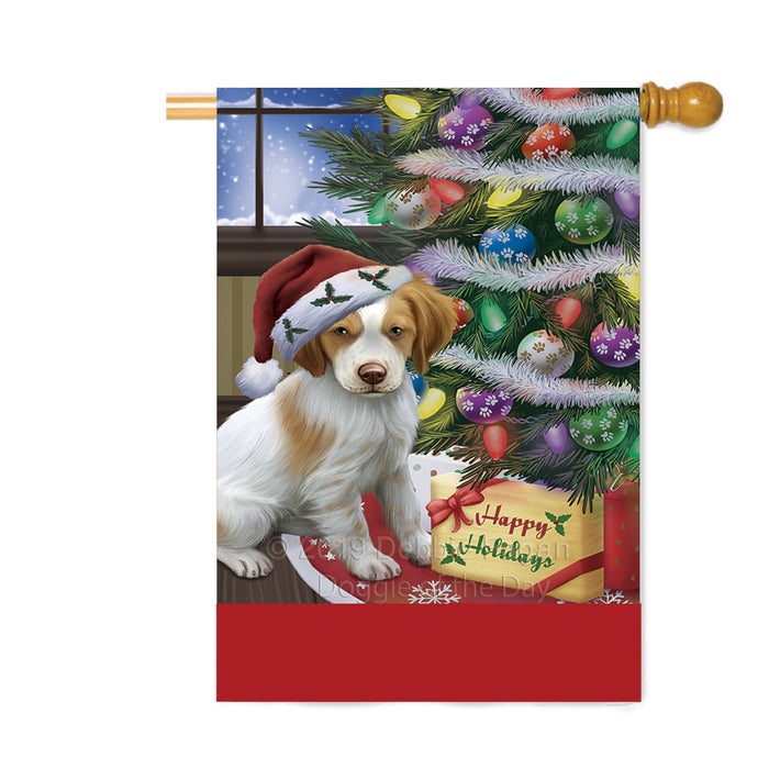 Personalized Christmas Happy Holidays Brittany Spaniel Dog with Tree and Presents Custom House Flag FLG-DOTD-A58663