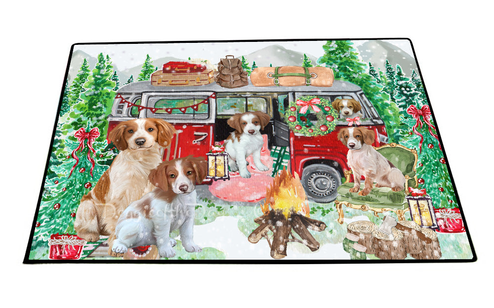 Christmas Time Camping with Brittany Spaniel Dogs Floor Mat- Anti-Slip Pet Door Mat Indoor Outdoor Front Rug Mats for Home Outside Entrance Pets Portrait Unique Rug Washable Premium Quality Mat
