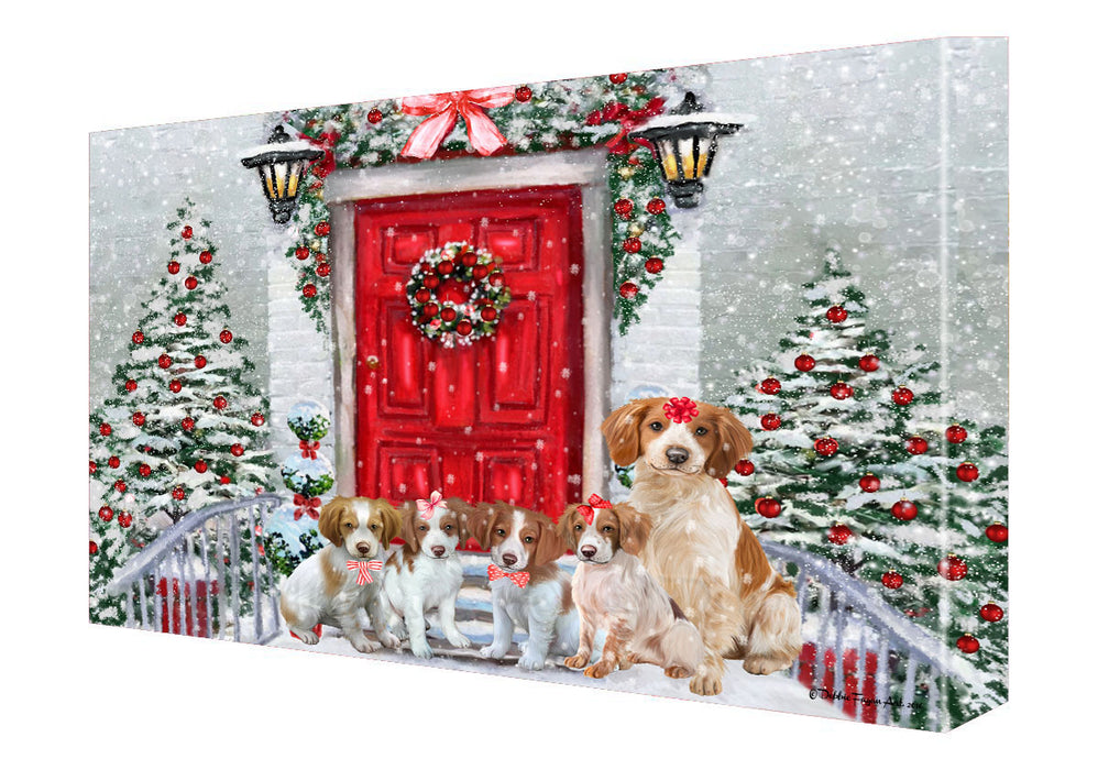 Christmas Holiday Welcome Brittany Spaniel Dogs Canvas Wall Art - Premium Quality Ready to Hang Room Decor Wall Art Canvas - Unique Animal Printed Digital Painting for Decoration
