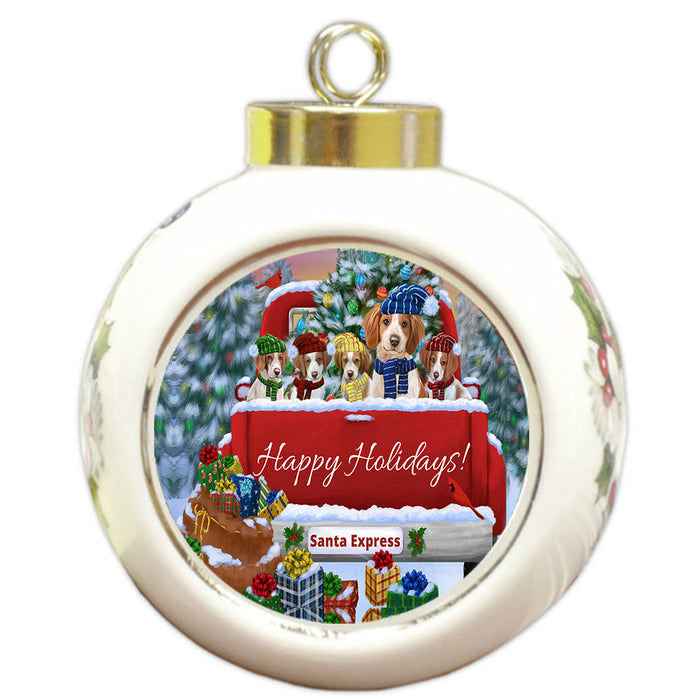 Christmas Red Truck Travlin Home for the Holidays Brittany Spaniel Dogs Round Ball Christmas Ornament Pet Decorative Hanging Ornaments for Christmas X-mas Tree Decorations - 3" Round Ceramic Ornament