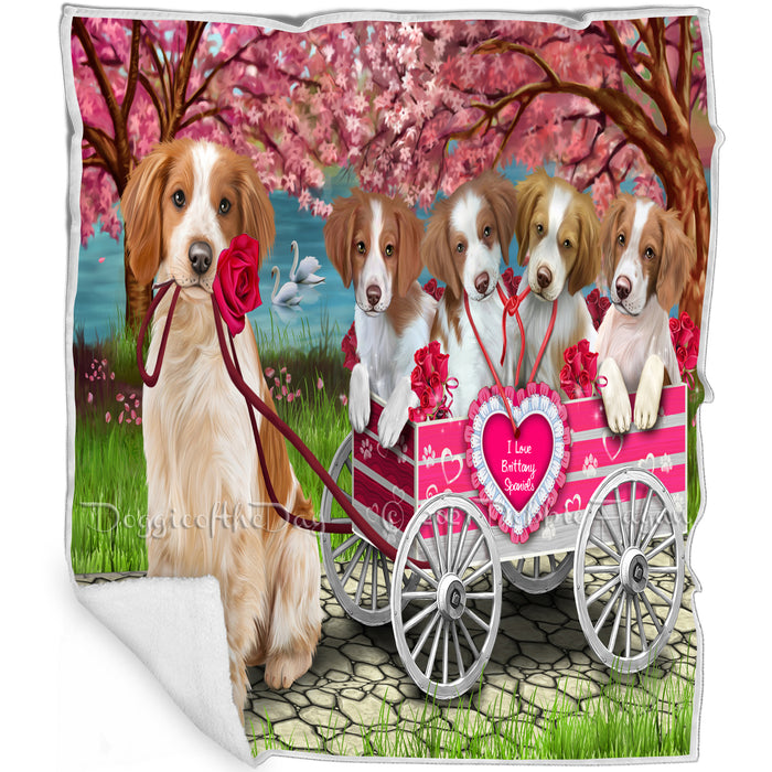 I Love Brittany Spaniel Dogs in a Cart Art Portrait Print Woven Throw Sherpa Plush Fleece Blanket D067