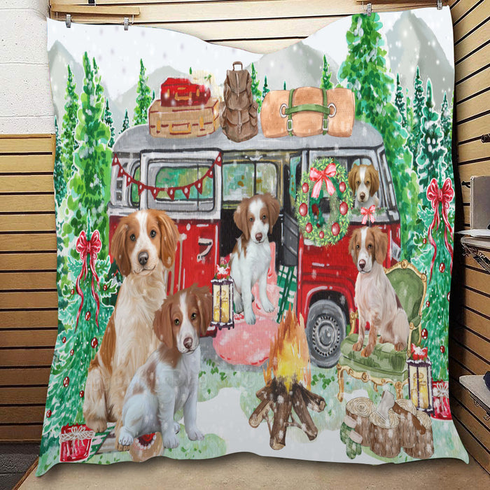 Christmas Time Camping with Brittany Spaniel Dogs  Quilt Bed Coverlet Bedspread - Pets Comforter Unique One-side Animal Printing - Soft Lightweight Durable Washable Polyester Quilt
