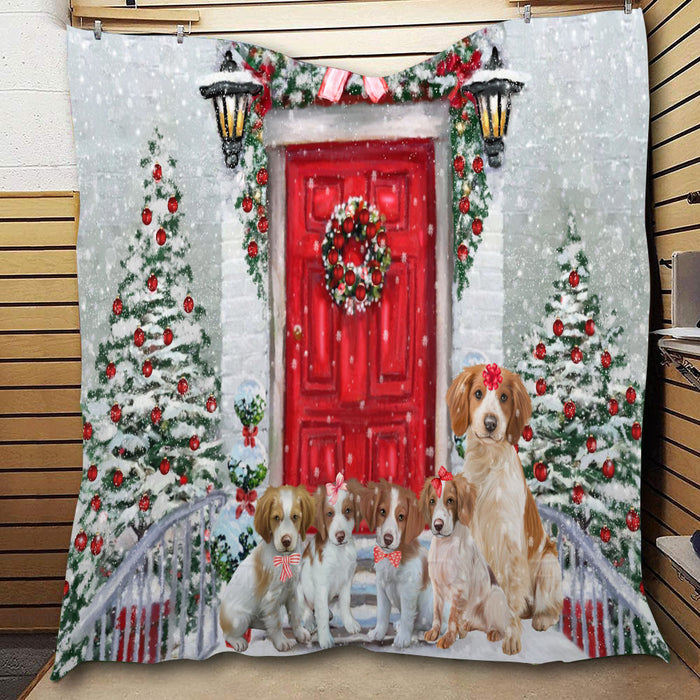Christmas Holiday Welcome Brittany Spaniel Dogs  Quilt Bed Coverlet Bedspread - Pets Comforter Unique One-side Animal Printing - Soft Lightweight Durable Washable Polyester Quilt