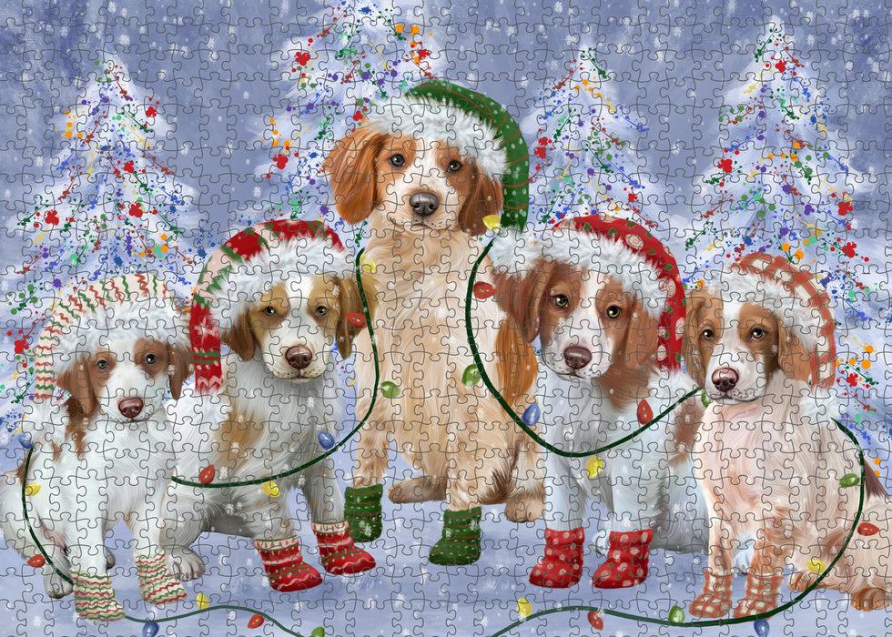Christmas Lights and Brittany Spaniel Dogs Portrait Jigsaw Puzzle for Adults Animal Interlocking Puzzle Game Unique Gift for Dog Lover's with Metal Tin Box
