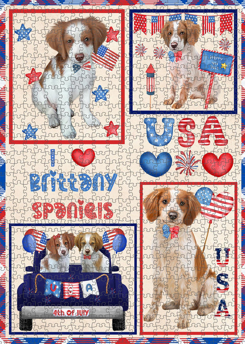 4th of July Independence Day I Love USA Brittany Spaniel Dogs Portrait Jigsaw Puzzle for Adults Animal Interlocking Puzzle Game Unique Gift for Dog Lover's with Metal Tin Box