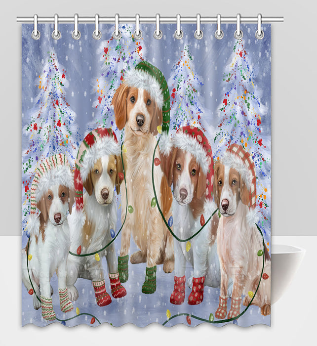 Christmas Lights and Brittany Spaniel Dogs Shower Curtain Pet Painting Bathtub Curtain Waterproof Polyester One-Side Printing Decor Bath Tub Curtain for Bathroom with Hooks