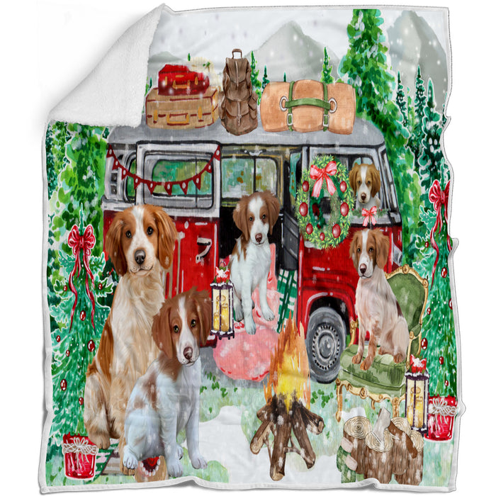 Christmas Time Camping with Brittany Spaniel Dogs Blanket - Lightweight Soft Cozy and Durable Bed Blanket - Animal Theme Fuzzy Blanket for Sofa Couch