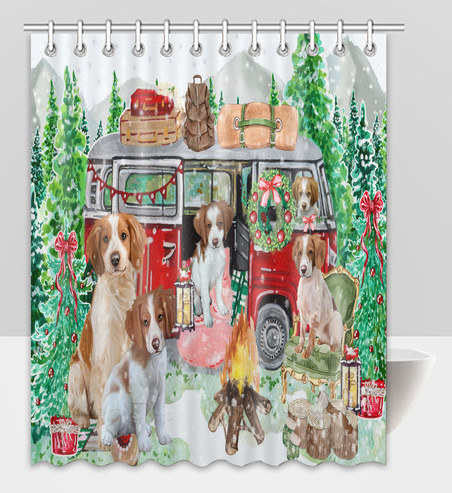 Christmas Time Camping with Brittany Spaniel Dogs Shower Curtain Pet Painting Bathtub Curtain Waterproof Polyester One-Side Printing Decor Bath Tub Curtain for Bathroom with Hooks