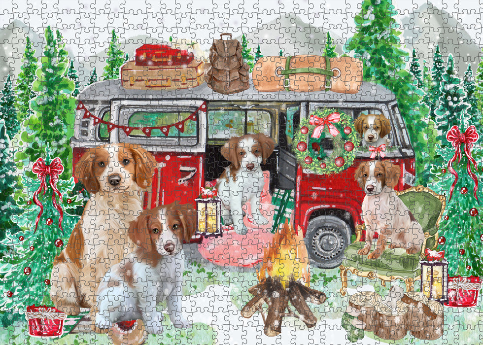 Christmas Time Camping with Brittany Spaniel Dogs Portrait Jigsaw Puzzle for Adults Animal Interlocking Puzzle Game Unique Gift for Dog Lover's with Metal Tin Box