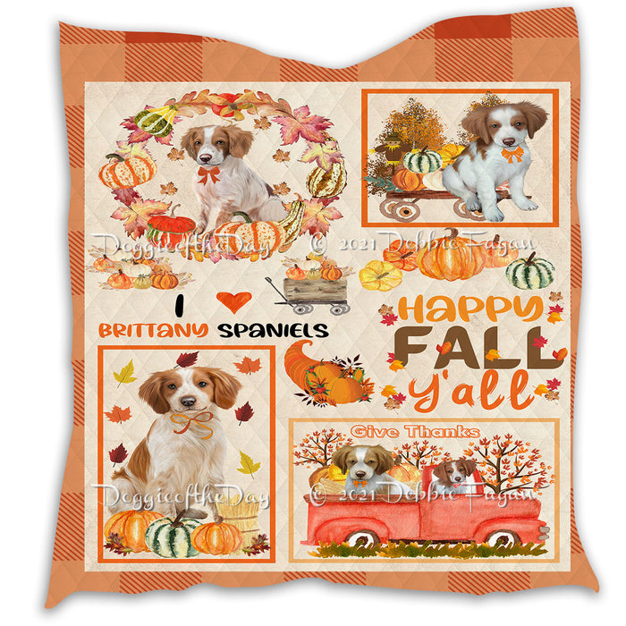Happy Fall Y'all Pumpkin Brittany Spaniel Dogs Quilt Bed Coverlet Bedspread - Pets Comforter Unique One-side Animal Printing - Soft Lightweight Durable Washable Polyester Quilt