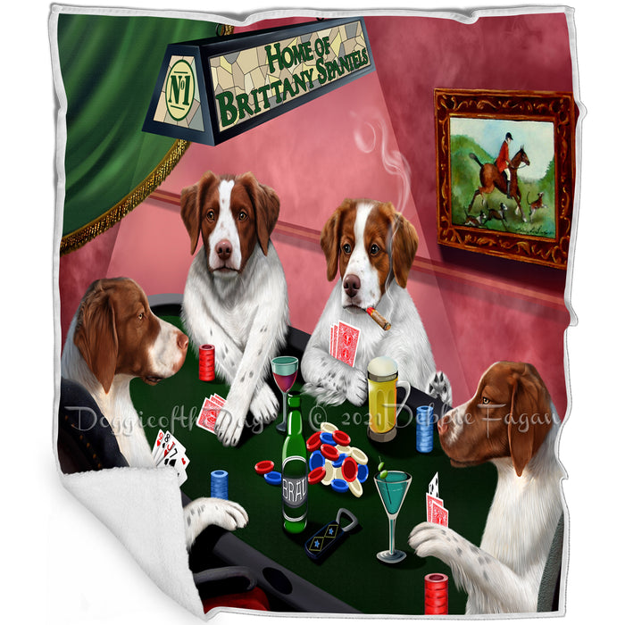 Home of 4  Brittany Spaniel Dogs Playing Poker Blanket BLNKT143596