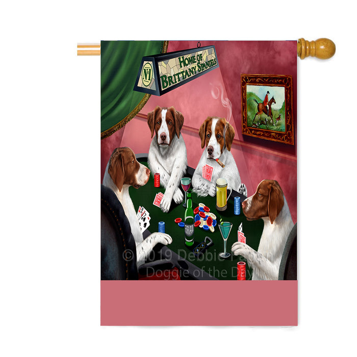 Personalized Home of Brittany Spaniel Dogs Four Dogs Playing Poker Custom House Flag FLG-DOTD-A60307