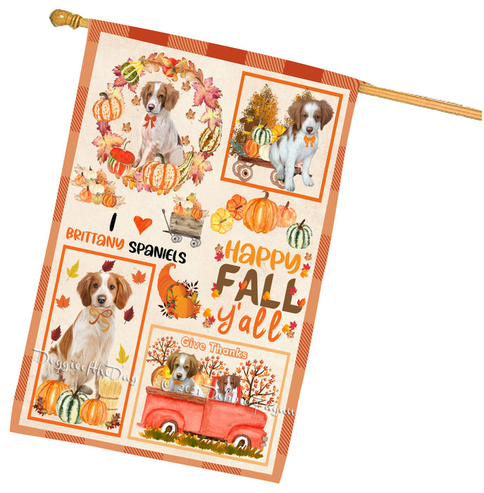Happy Fall Y'all Pumpkin Brittany Spaniel Dogs House Flag Outdoor Decorative Double Sided Pet Portrait Weather Resistant Premium Quality Animal Printed Home Decorative Flags 100% Polyester