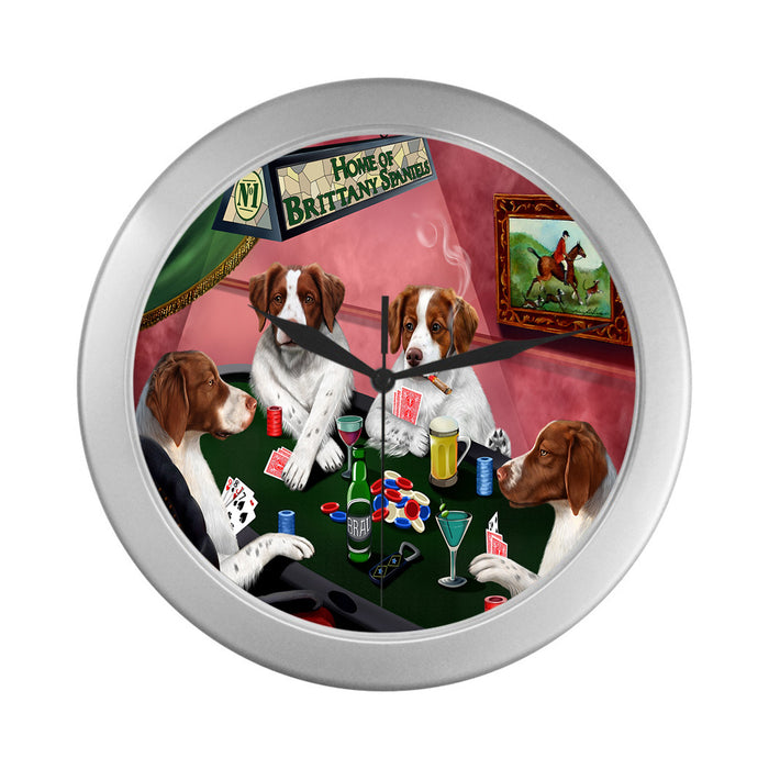 Home of Brittany Spaniel Dogs Playing Poker Silver Wall Clocks