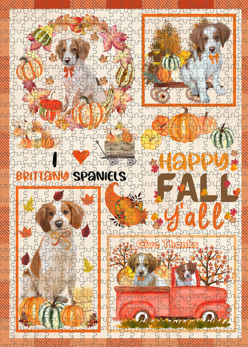 Happy Fall Y'all Pumpkin Brittany Spaniel Dogs Portrait Jigsaw Puzzle for Adults Animal Interlocking Puzzle Game Unique Gift for Dog Lover's with Metal Tin Box