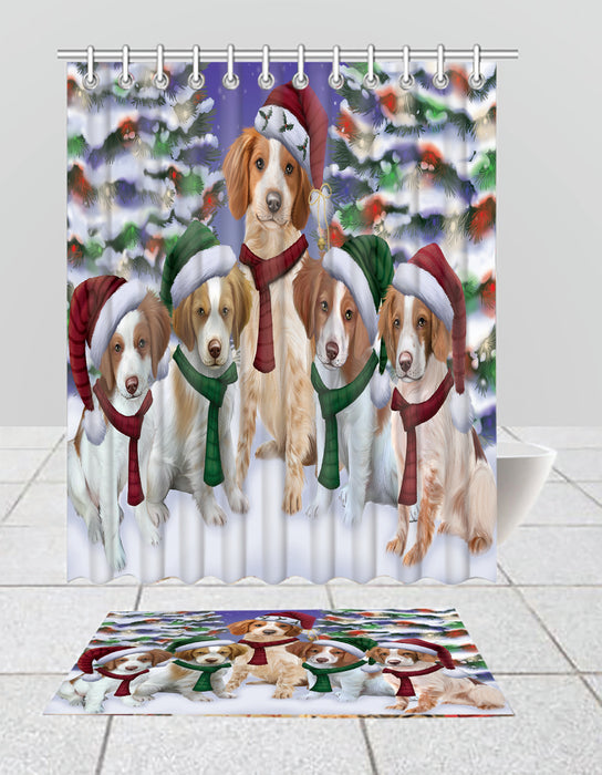 Brittany Spaniel Dogs Christmas Family Portrait in Holiday Scenic Background  Bath Mat and Shower Curtain Combo