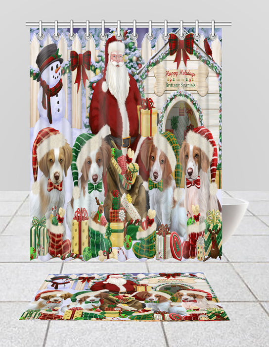 Happy Holidays Christmas Brittany Spaniel Dogs House Gathering Bath Mat and Shower Curtain Combo
