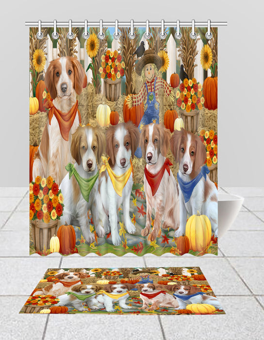 Fall Festive Harvest Time Gathering Brittany Spaniel Dogs Bath Mat and Shower Curtain Combo