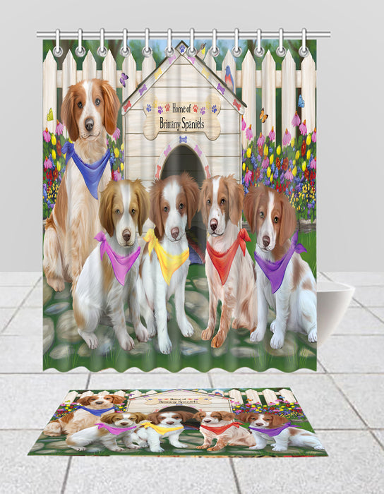 Spring Dog House Brittany Spaniel Dogs Bath Mat and Shower Curtain Combo