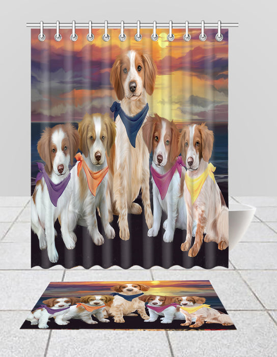 Family Sunset Portrait Brittany Spaniel Dogs Bath Mat and Shower Curtain Combo