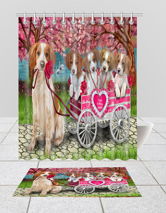 I Love Brittany Spaniel Dogs in a Cart Bath Mat and Shower Curtain Combo
