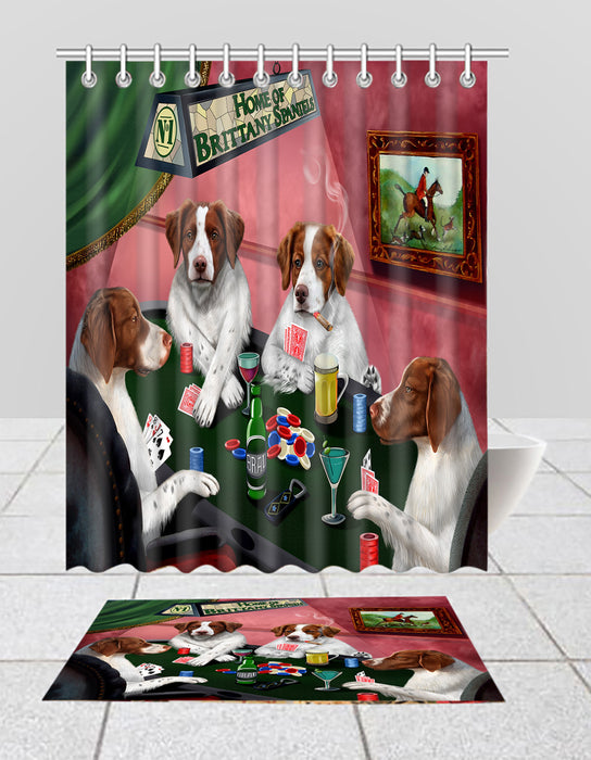 Home of  Brittany Spaniel Dogs Playing Poker Bath Mat and Shower Curtain Combo