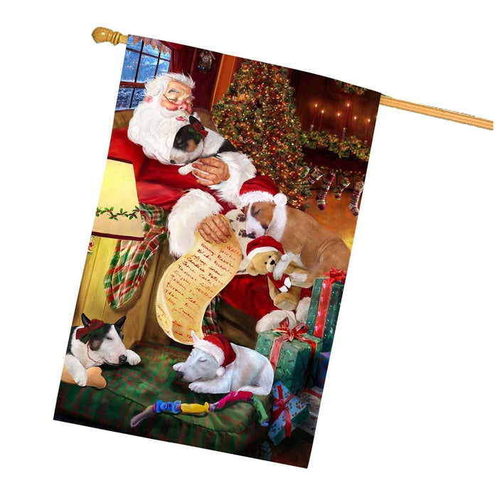 Bull Terrier Dog and Puppies Sleeping with Santa House Flag