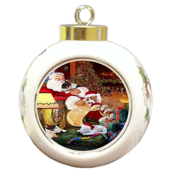 Bull Terrier Dog and Puppies Sleeping with Santa Round Ball Christmas Ornament