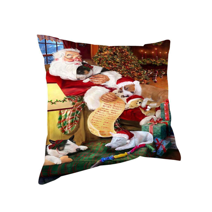Bull Terrier Dog and Puppies Sleeping with Santa Throw Pillow