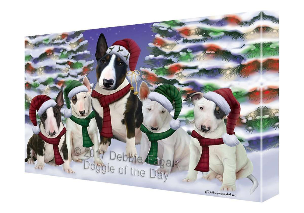 Bull Terrier Dog Christmas Family Portrait in Holiday Scenic Background Canvas Wall Art