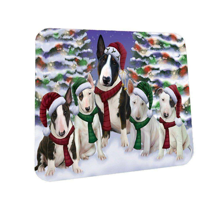 Bull Terrier Dog Christmas Family Portrait in Holiday Scenic Background Coasters Set of 4