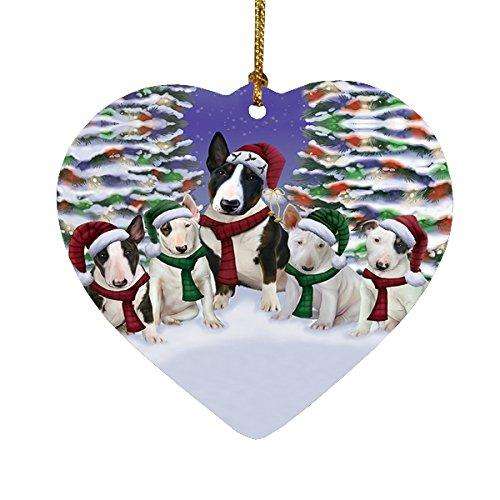 Bull Terrier Dog Christmas Family Portrait in Holiday Scenic Background Heart Ornament