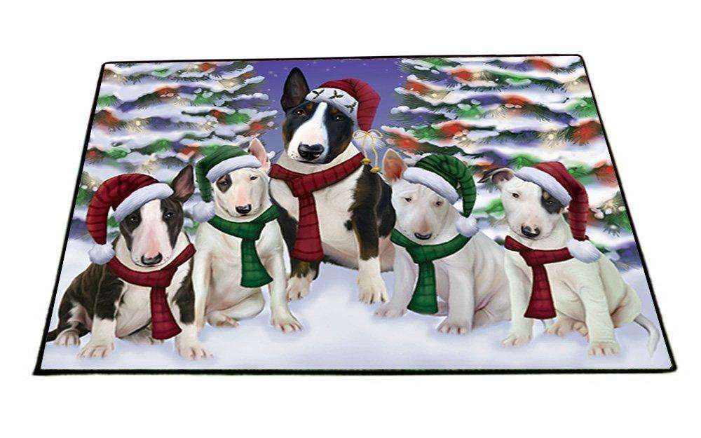 Bull Terrier Dog Christmas Family Portrait in Holiday Scenic Background Indoor/Outdoor Floormat