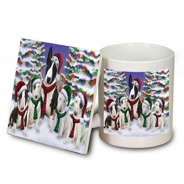 Bull Terrier Dog Christmas Family Portrait in Holiday Scenic Background Mug and Coaster Set