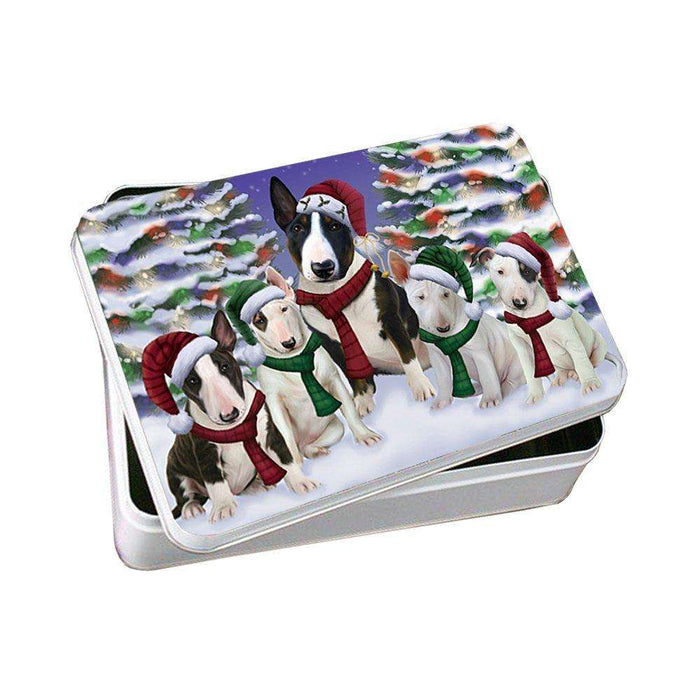 Bull Terrier Dog Christmas Family Portrait in Holiday Scenic Background Photo Storage Tin